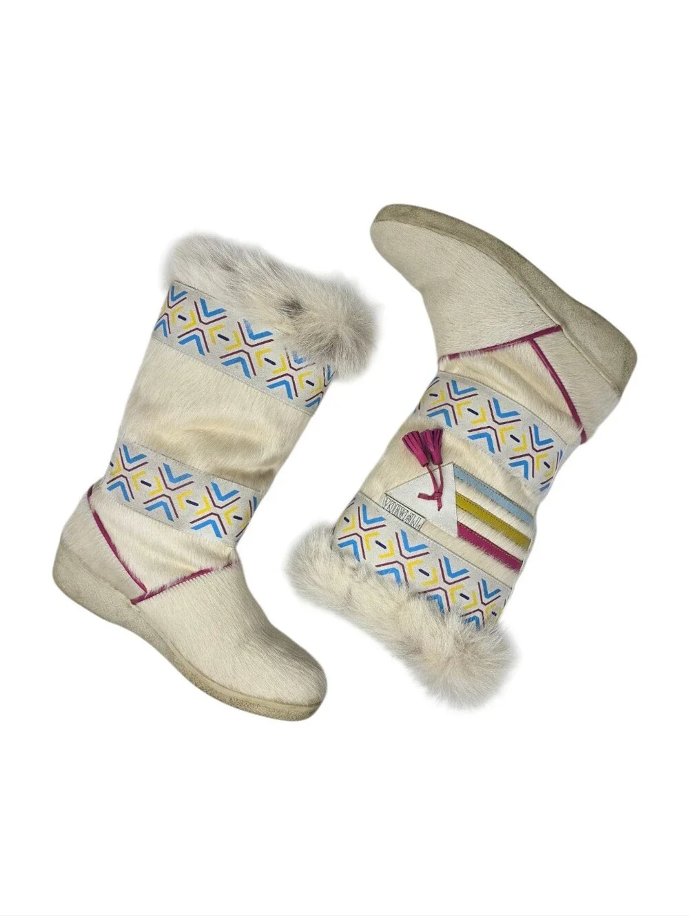 Vintage Tecnica Italy Cream Fur Après Ski Boots US 8.5 Southwestern Tassels